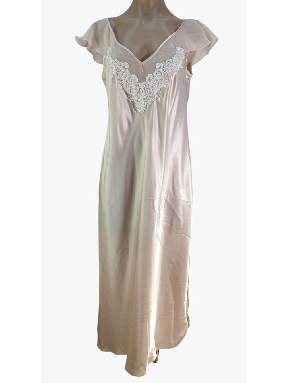 California Dynasty Satin Size L Pink Nightgown Lace Applique Sheer Flutter Sleev - Picture 1 of 10